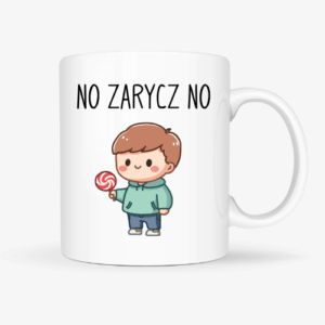 Kubek Shrek „No zarycz no” z chłopcem z lizakiem – zabawny kubek z napisem, idealny prezent dla fana Shreka lub kolegi z pracy.